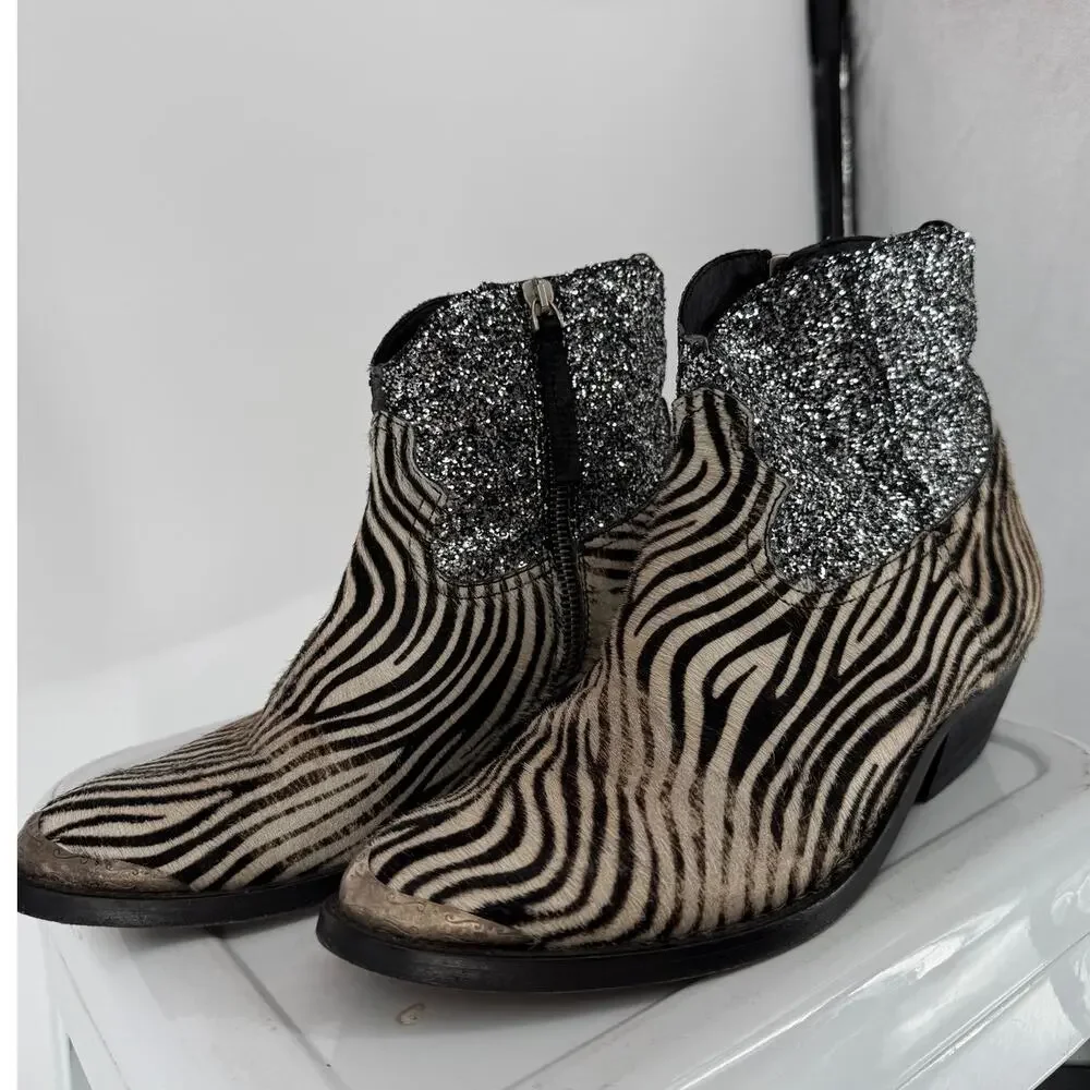 Golden Goose Ankle Western Zip Boots Bootie Zebra Ponyhair Zebra Glitter Size 37 - Picture 3 of 10